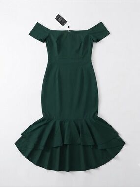 Lulu's Forest Green One-Shoulder Ruffle-Hem Dress